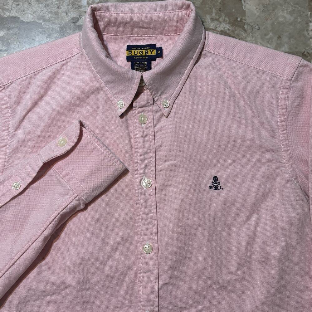 Ralph Lauren Rugby Shirt Womens 0 Pink Oxford Long Sleeve Button Skull Crossbone